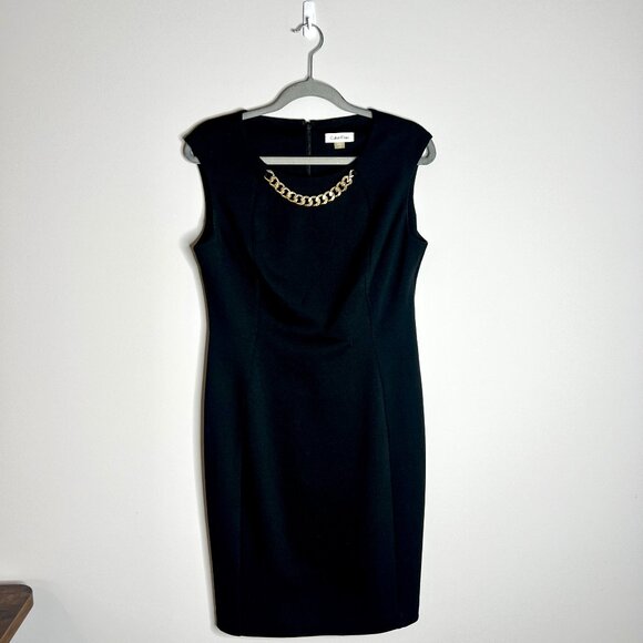 Calvin Klein Black Sheath Career Dress Gold Chain Detail Modest Minimalist Sz 10 - Picture 1 of 4